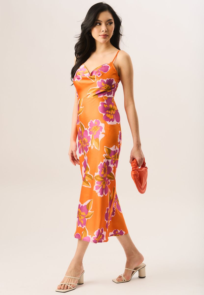 Midi-Kleid mit Wasserfallausschnitt und Blumenprint