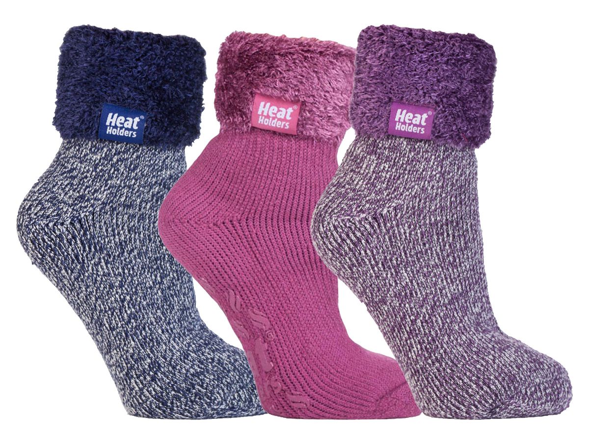 Womens Fluffy Slipper Bed Socks with Grips | Heat Holders | 3 Pair Multipack | Ladies Warm Fleece Lined Non Slip Socks | Winter Gifts for Her - Pack 2