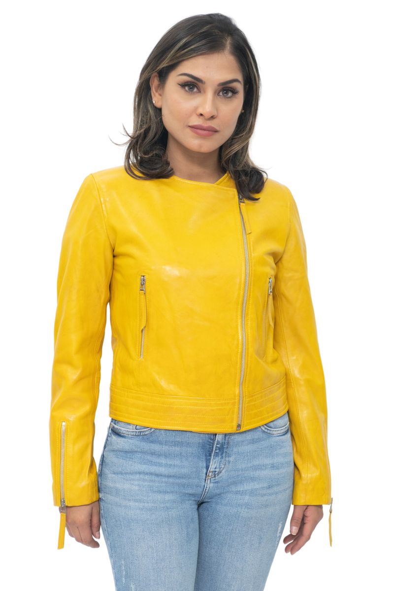 Elegante kragenlose Nappa-Bikerjacke