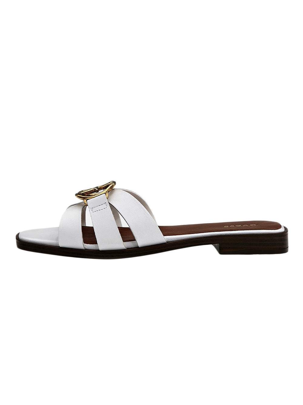 Flache Leder-Pantoletten mit goldenem Logo