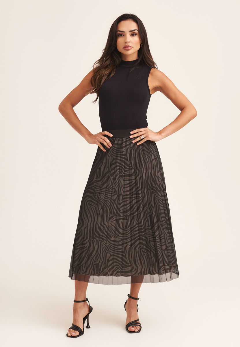 Schwarzer Midirock mit Tiermuster-Mesh-Overlay