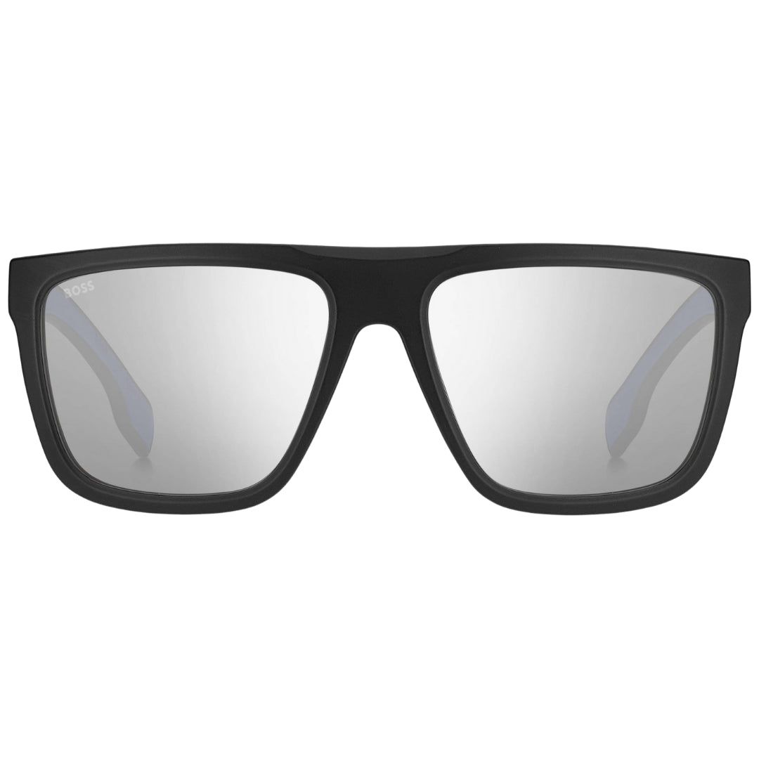Sonnenbrille mit quadratischem Rahmen und silbernen Gläsern
