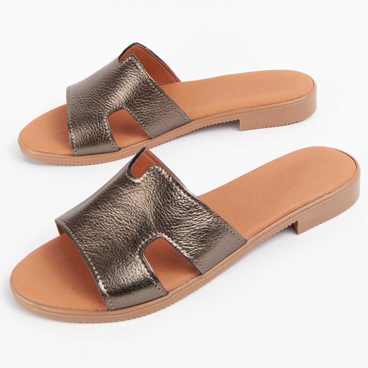 Bronzefarbene H-Riemen Pantolette