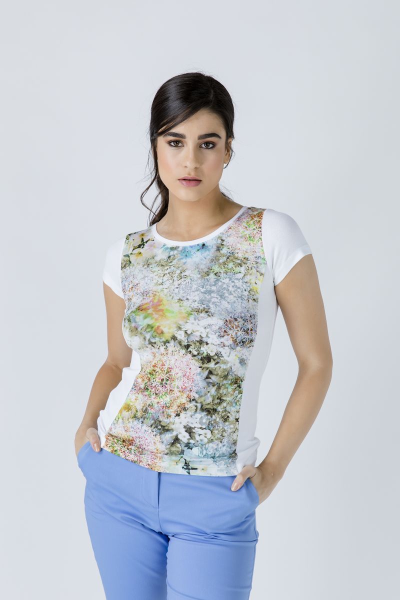 Kurzarm-Top mit floralem Stretch-Jersey