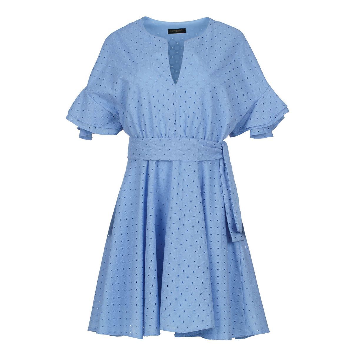 Besticktes Kleid mit Lochmuster und Gürtel