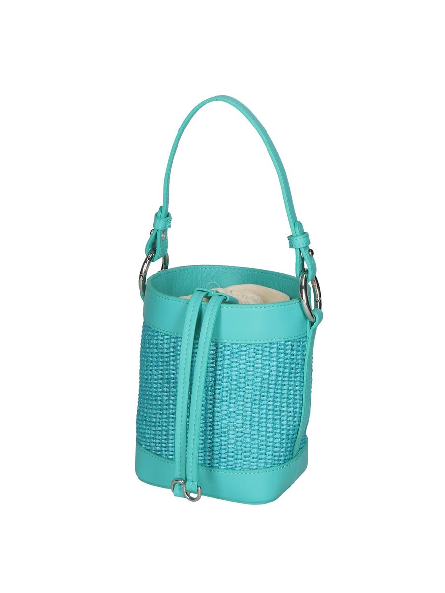 Eimertasche aus Leder und Strohgeflecht