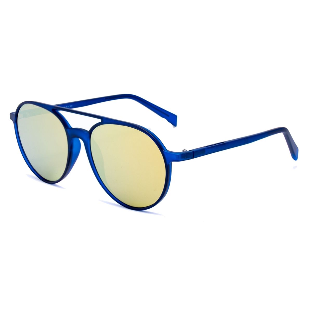 Runde blaue Sonnenbrille mit goldenen Gläsern