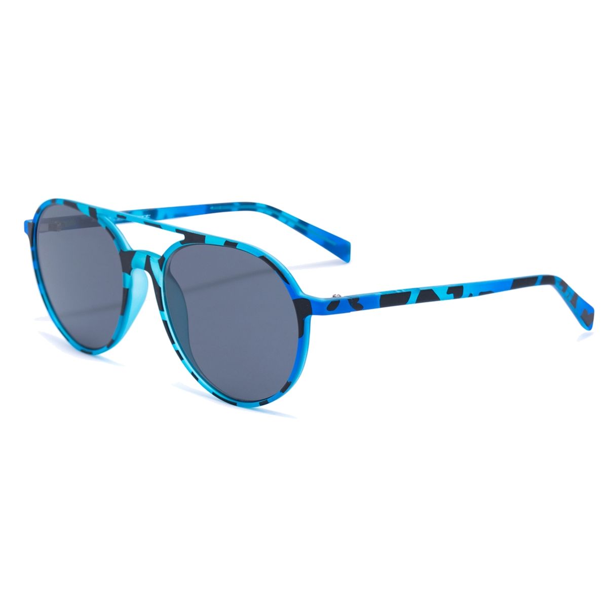 Runde blaue Sonnenbrille mit goldenen Gläsern