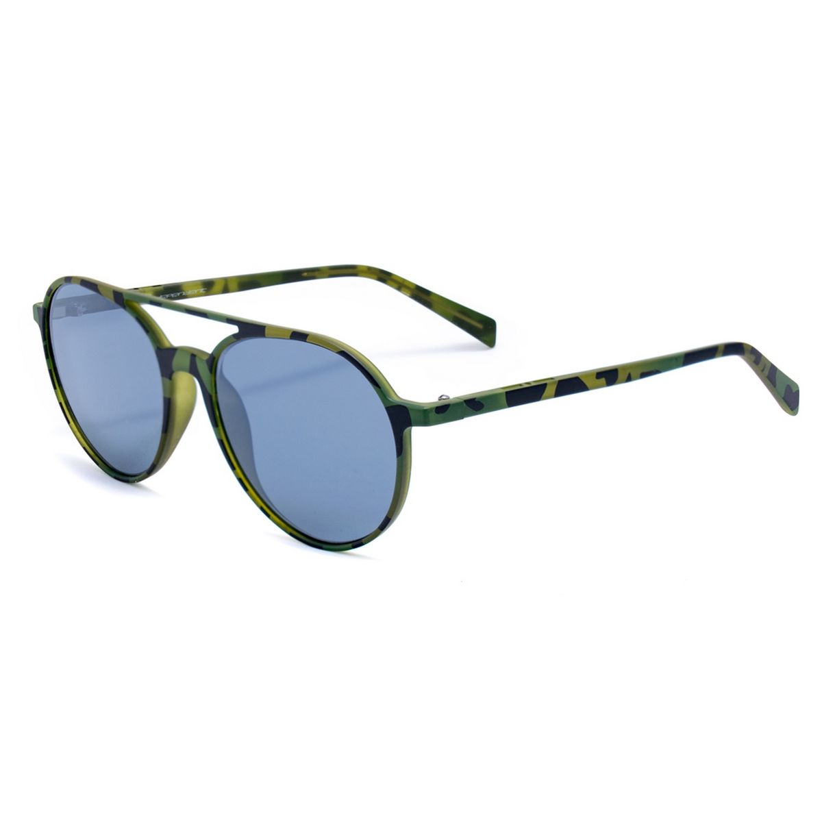 Runde blaue Sonnenbrille mit goldenen Gläsern