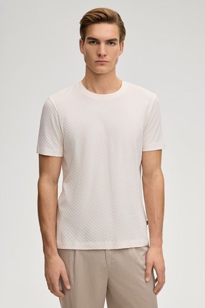 Joop! Enrique Offwhite Strukturiertes T-Shirt Rundhals Baumwolle Jacquard