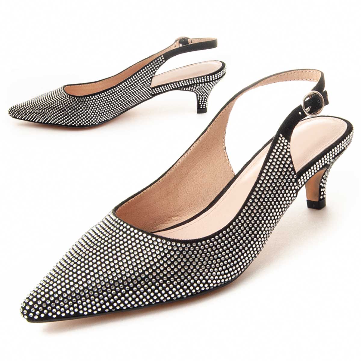 Strassbesetzte Slingback Kitten Heels