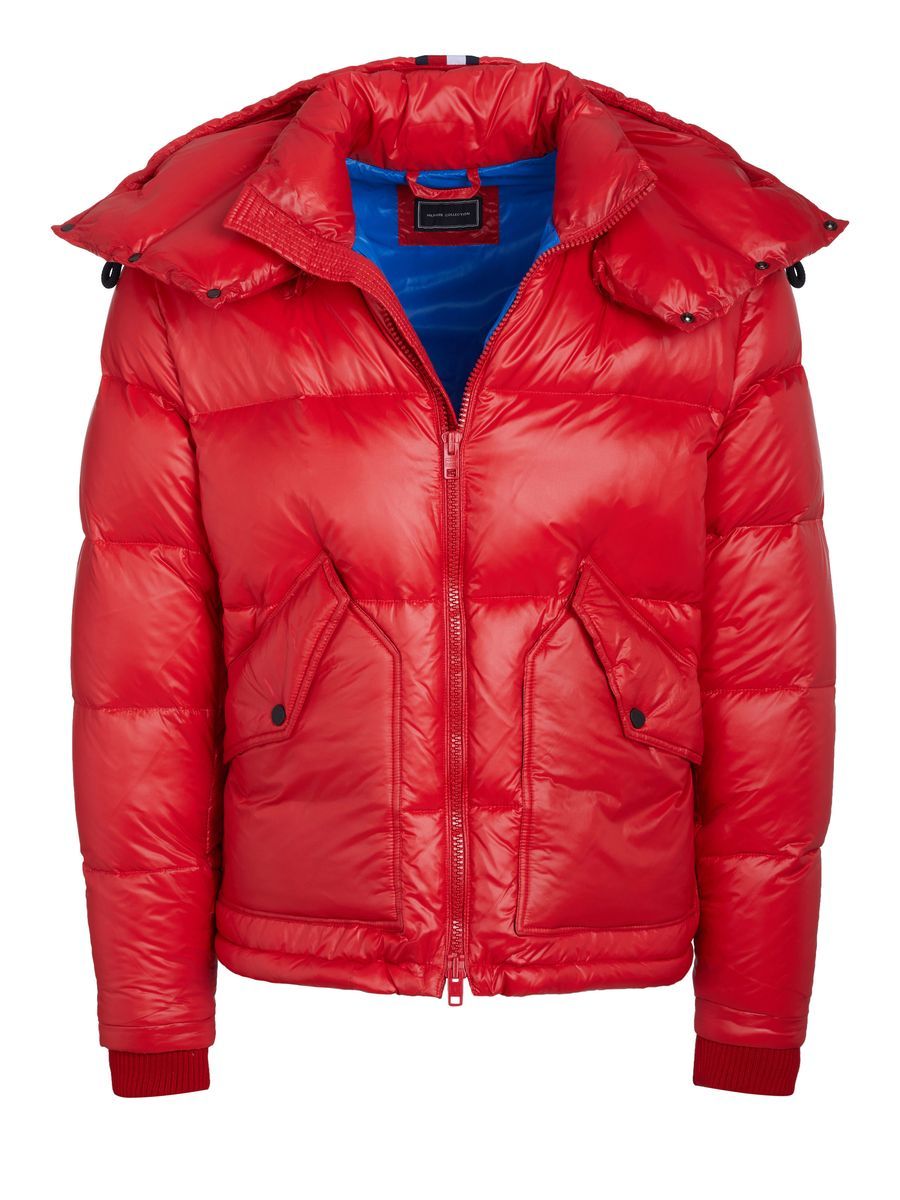 Rote, gefütterte Pufferjacke mit Kapuze