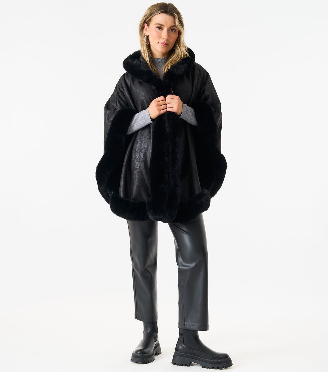 Poncho Cape mit Kunstpelzbesatz