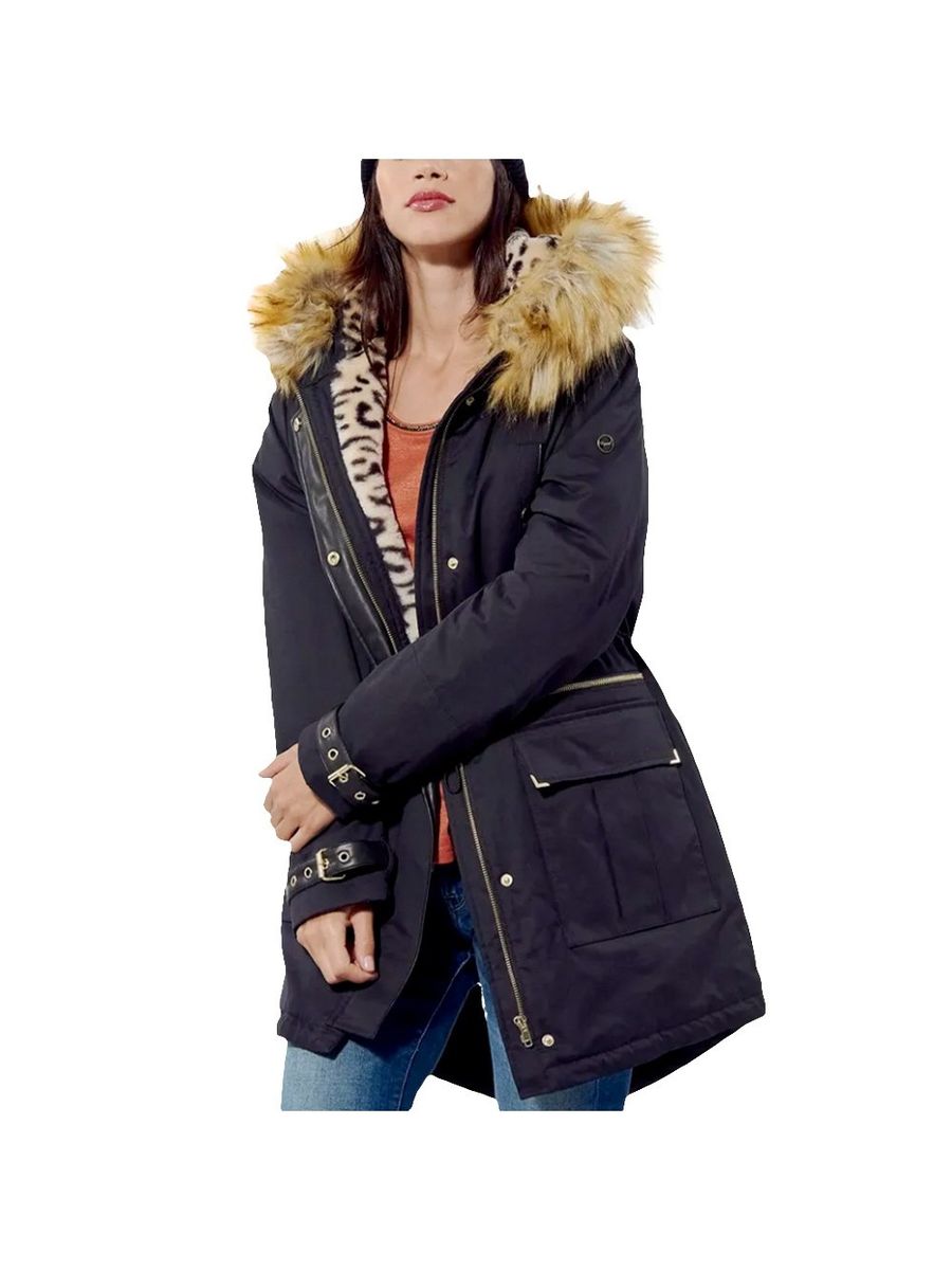 Parka mit Webpelzkapuze und Leopardenfutter