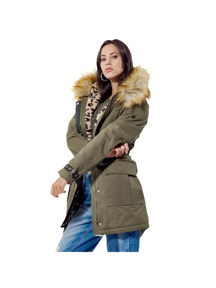 Parka mit Webpelzkapuze und Leopardenfutter