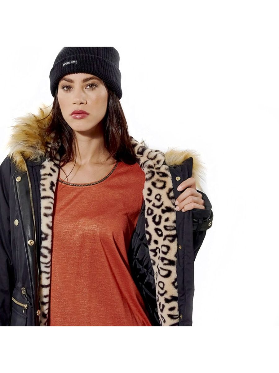Parka mit Webpelzkapuze und Leopardenfutter