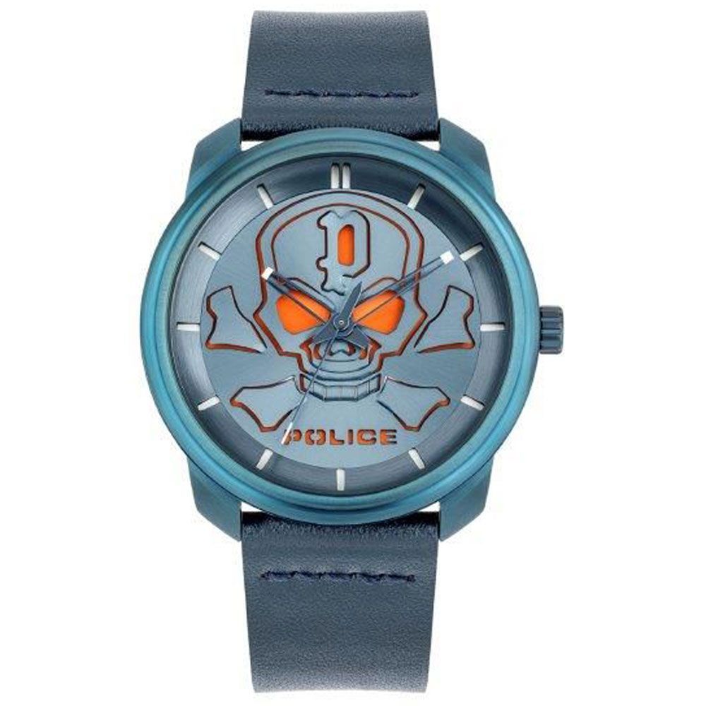 Blaue Lederuhr mit Totenkopf-Zifferblatt