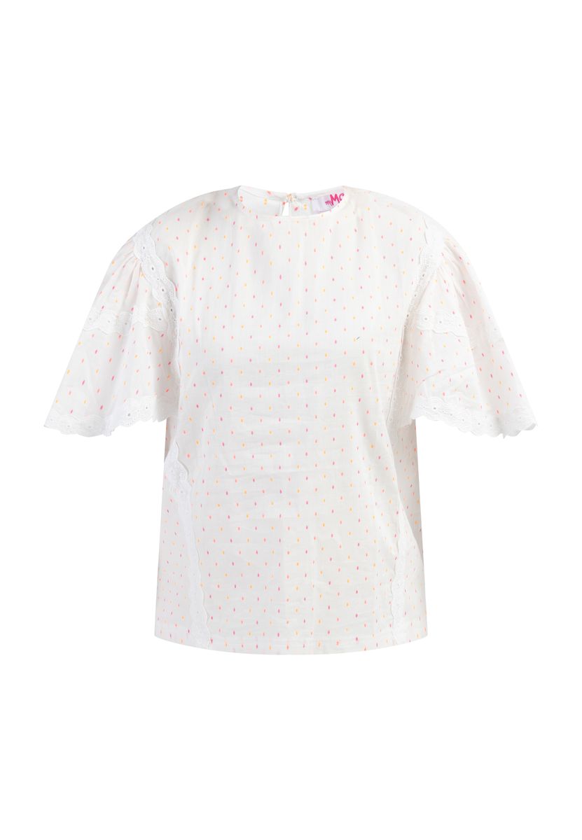 Gepunktete Bluse mit Spitzenbesatz und Flügelärmeln