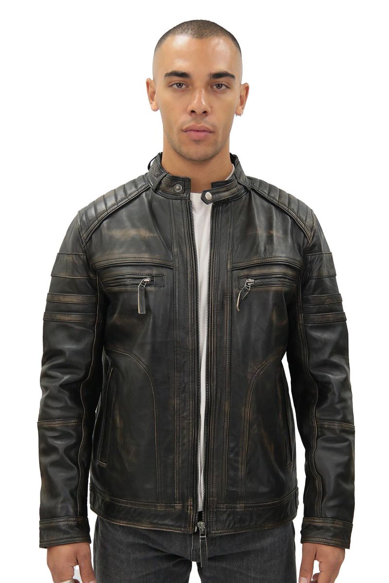 Schwarze Vintage-Leder-Bikerjacke für Herren