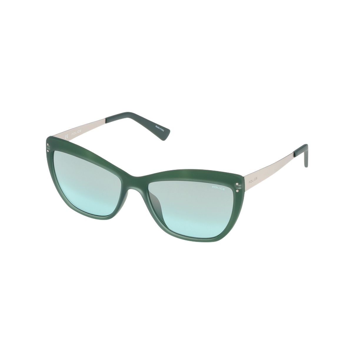 Grüne Cat-Eye Sonnenbrille mit silbernen Bügeln