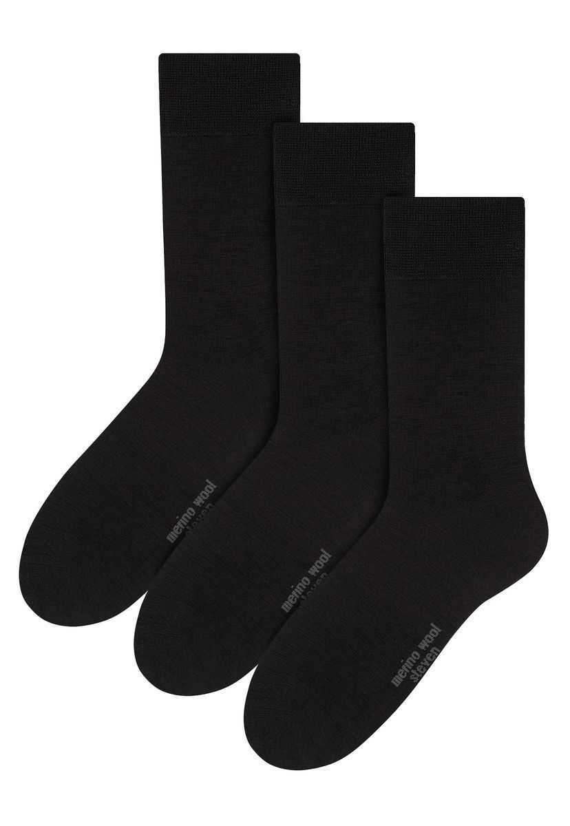 Steven - 3 Paare Multipack Herren Original Merinowolle Socken - Schwarz