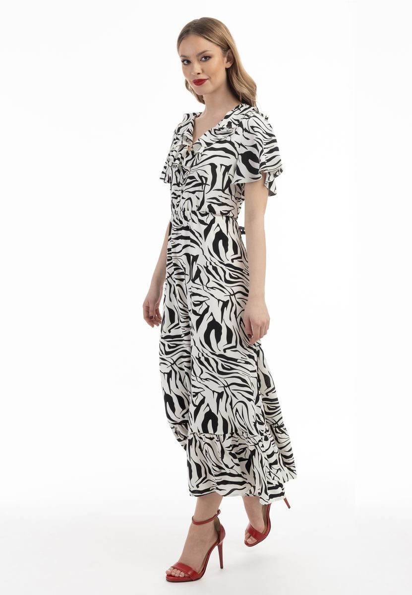 Maxikleid mit Zebra-Print und Rüschen