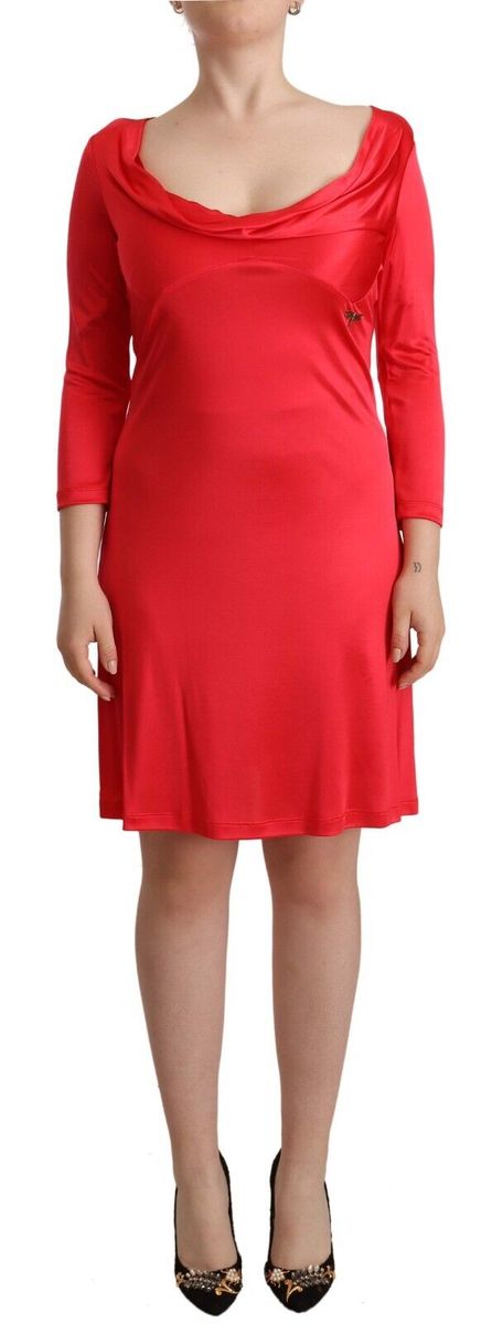 John Galliano Damen Rote Viskose 3/4-Ärmel Kleid mit tiefem Rundhalsausschnitt