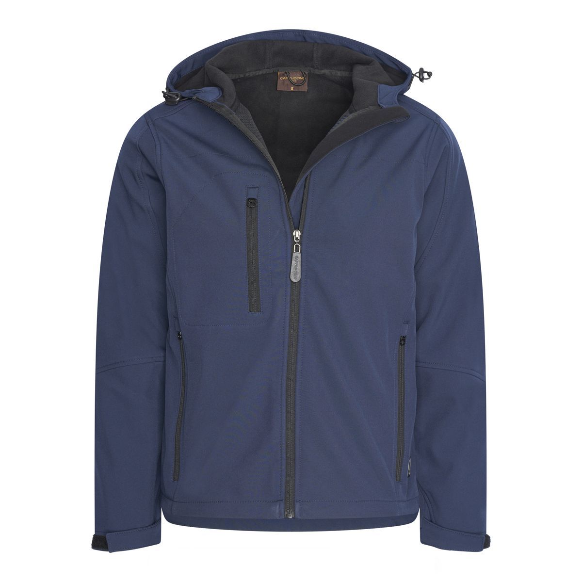 Marineblaue Softshelljacke mit Kapuze