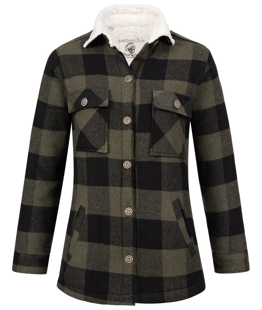 Grün karierte Jacke mit Teddyfellkragen