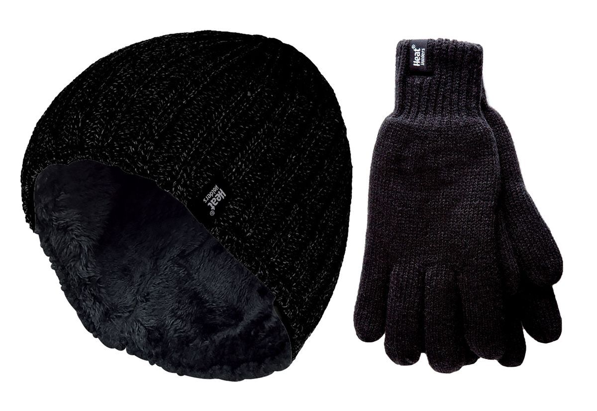 Herren Thermomütze & Handschuh Set für den Winter | Wärmespeicher | Fleece gefüttert - Schwarz