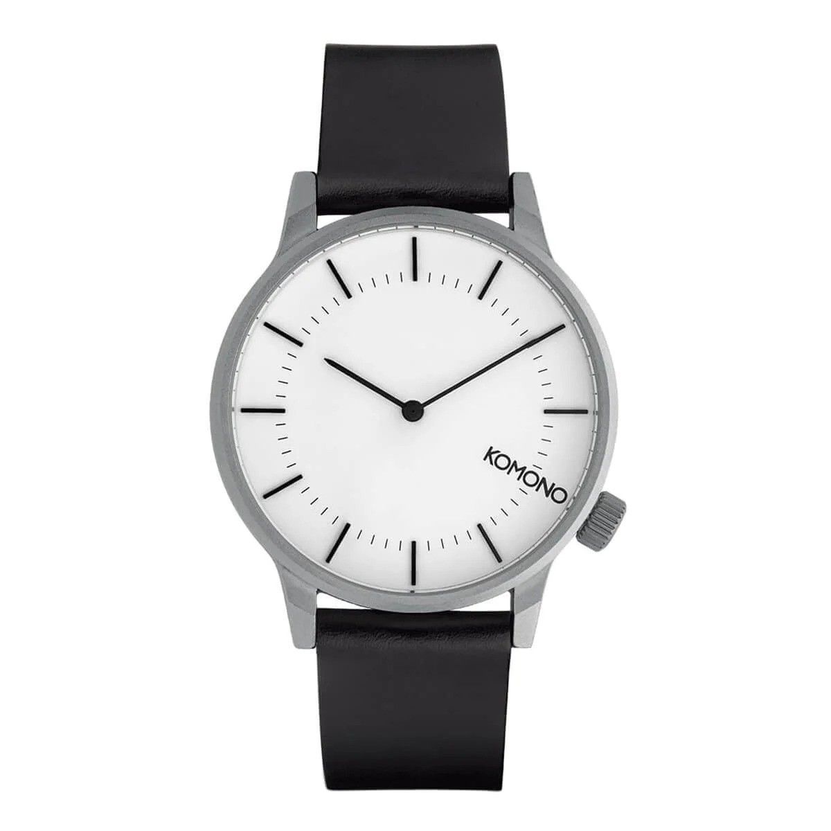 Minimalistische silberne Uhr mit schwarzem Lederarmband