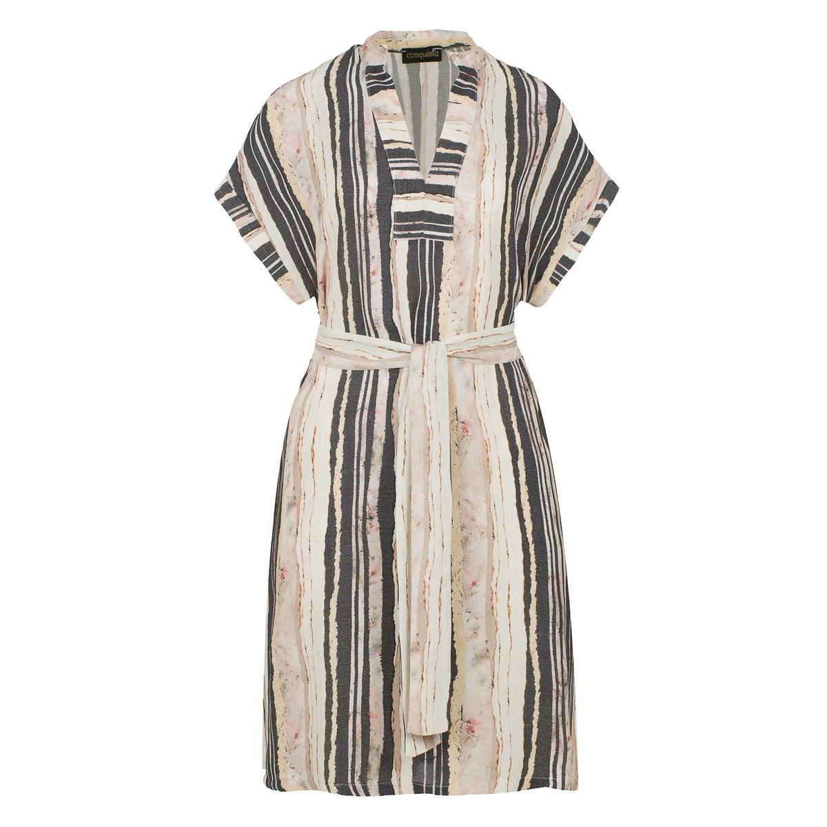 Gestreiftes V-Ausschnitt-Midikleid mit Gürtel