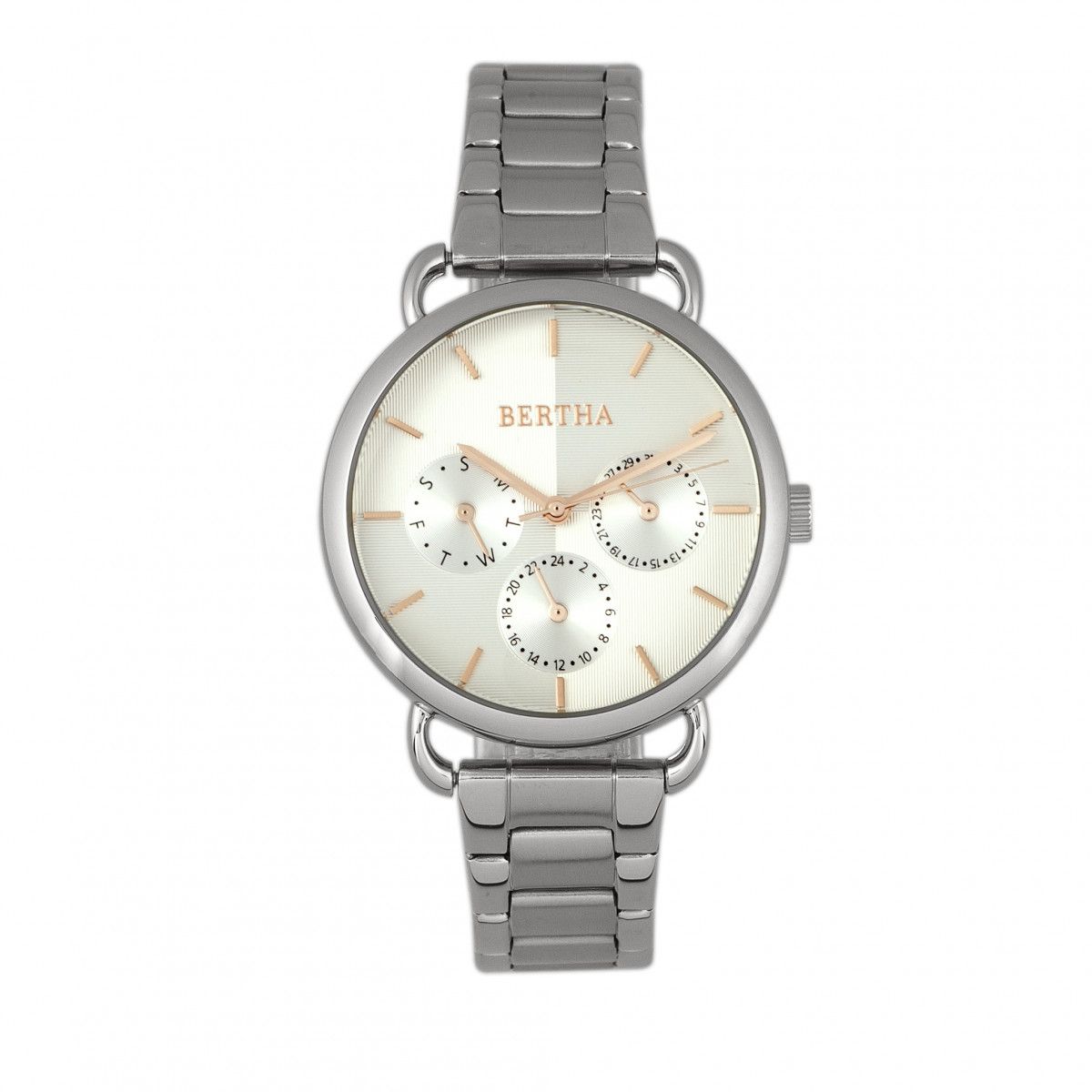 Silberfarbene Armbanduhr mit mehreren Zifferblättern