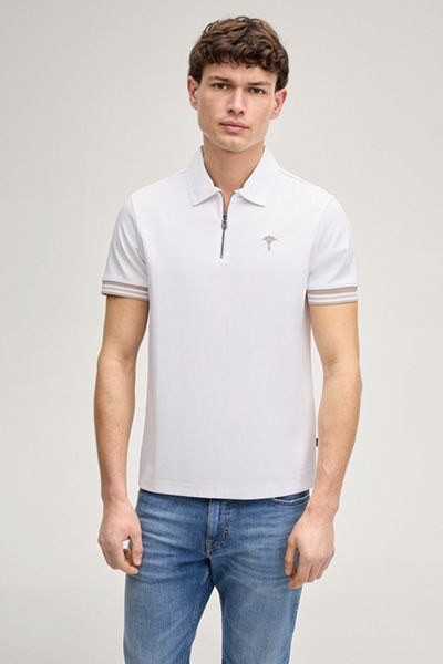 Joop! Warley Weißes Reißverschluss-Poloshirt mit gestreiften Bündchen