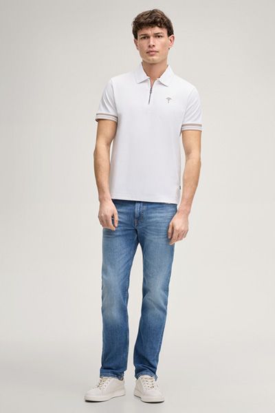 Joop! Warley Weißes Reißverschluss-Poloshirt mit gestreiften Bündchen