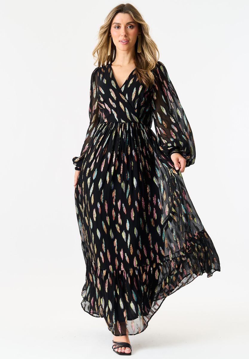 Maxikleid mit Metallic-Print und langen Ärmeln