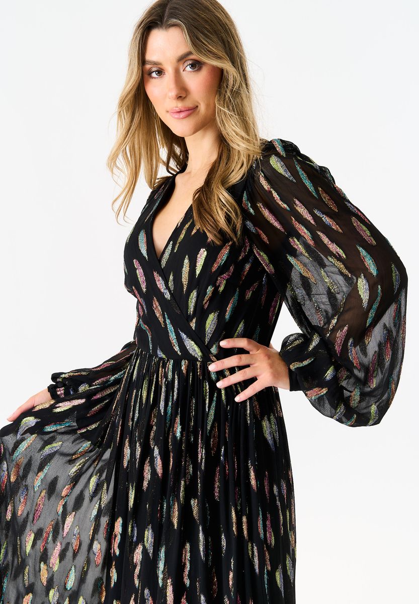 Metallic Feder-Print Maxikleid