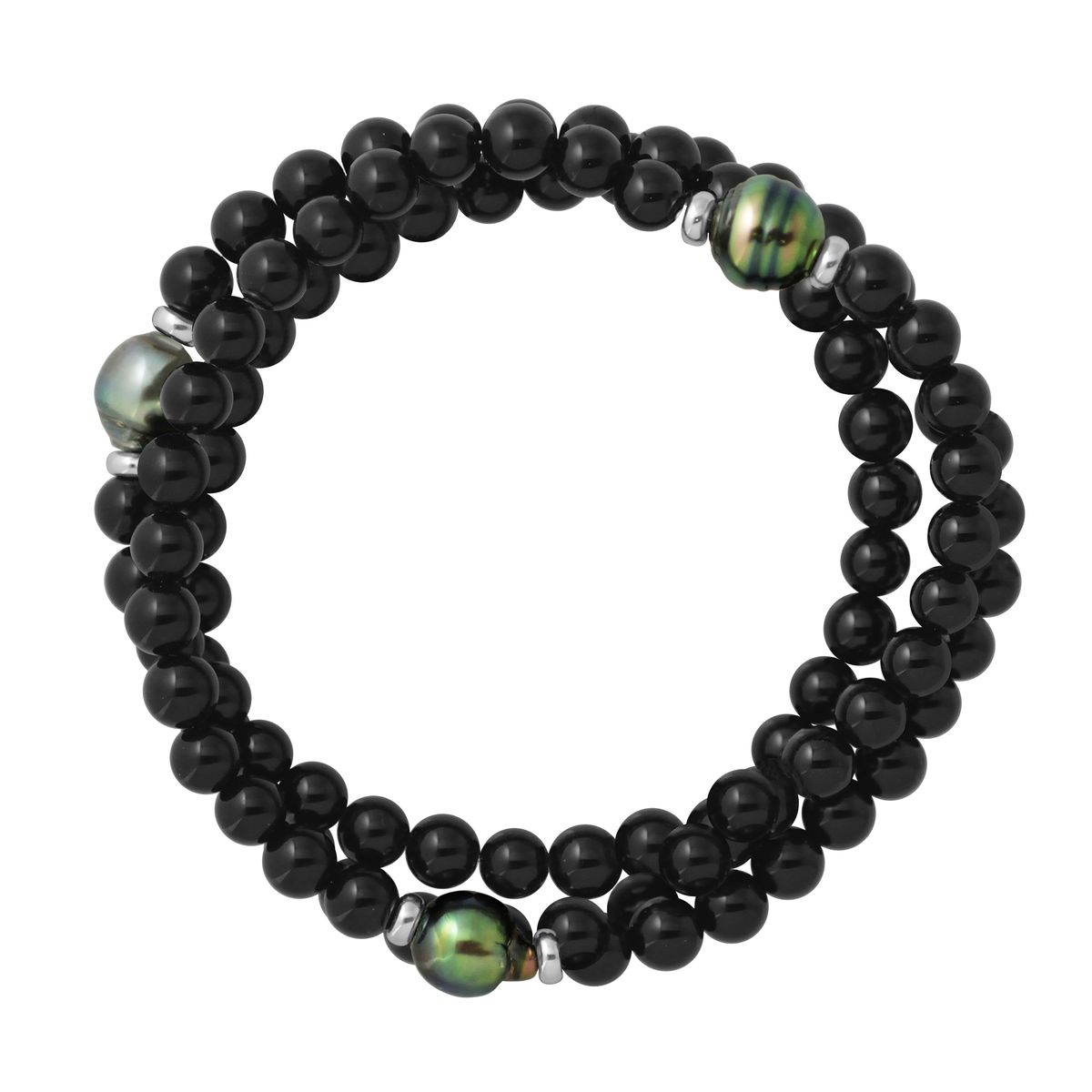 Dreireihiges Onyx- und Perlenarmband