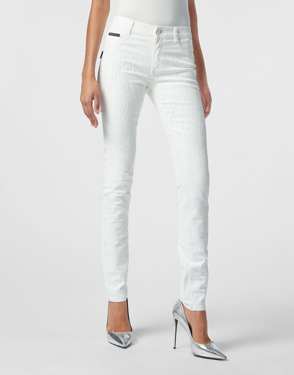 Strukturierte weiße Jeggings mit Logo-Detail