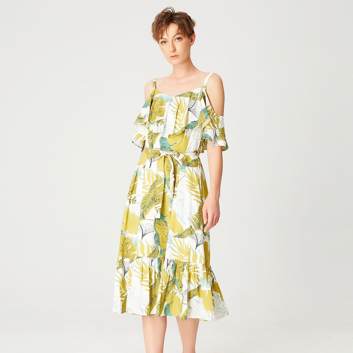 Trapez-Midikleid mit tropischem Muster