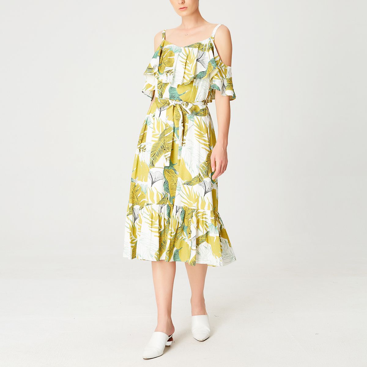 Tropisches Trapezkleid mit Off-Shoulder-Rüschen