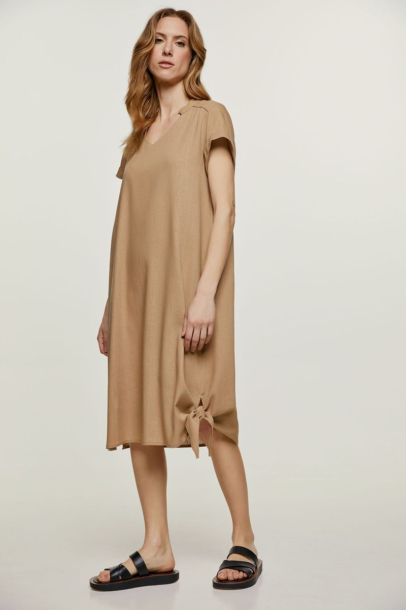 Beigefarbenes Midikleid aus Leinenmischung