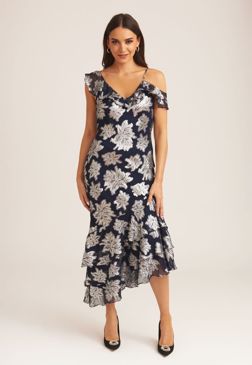 Florales asymmetrisches Midikleid mit Rüschen