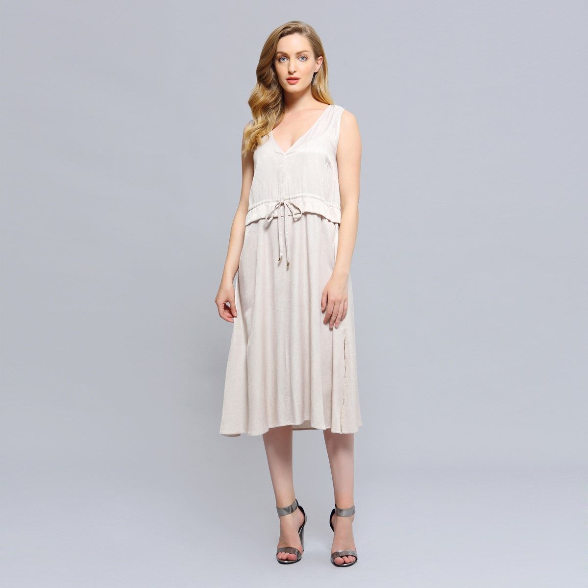 Ärmelloses V-Ausschnitt-Midikleid mit Kordelzug