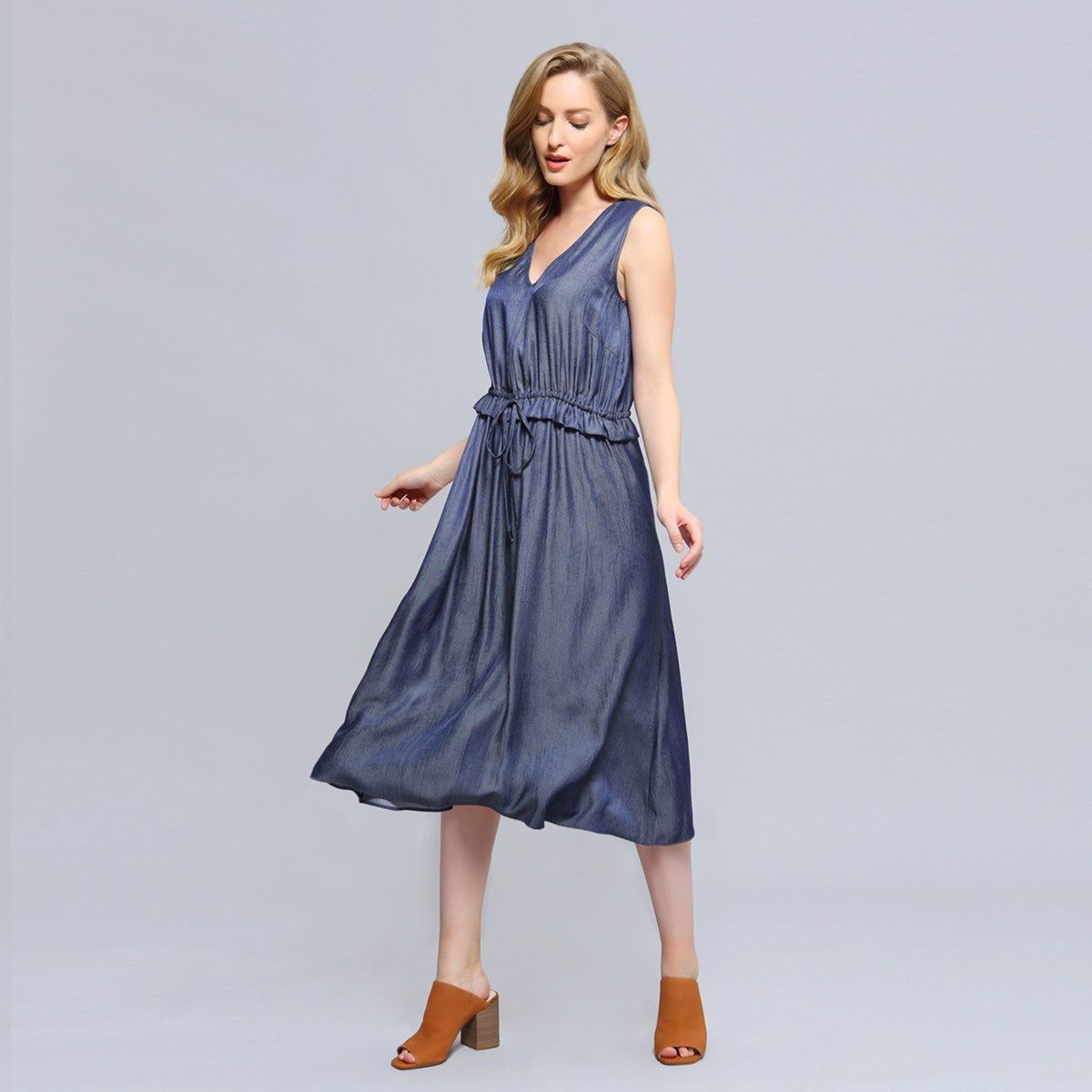 Ärmelloses V-Ausschnitt-Midikleid mit Kordelzug