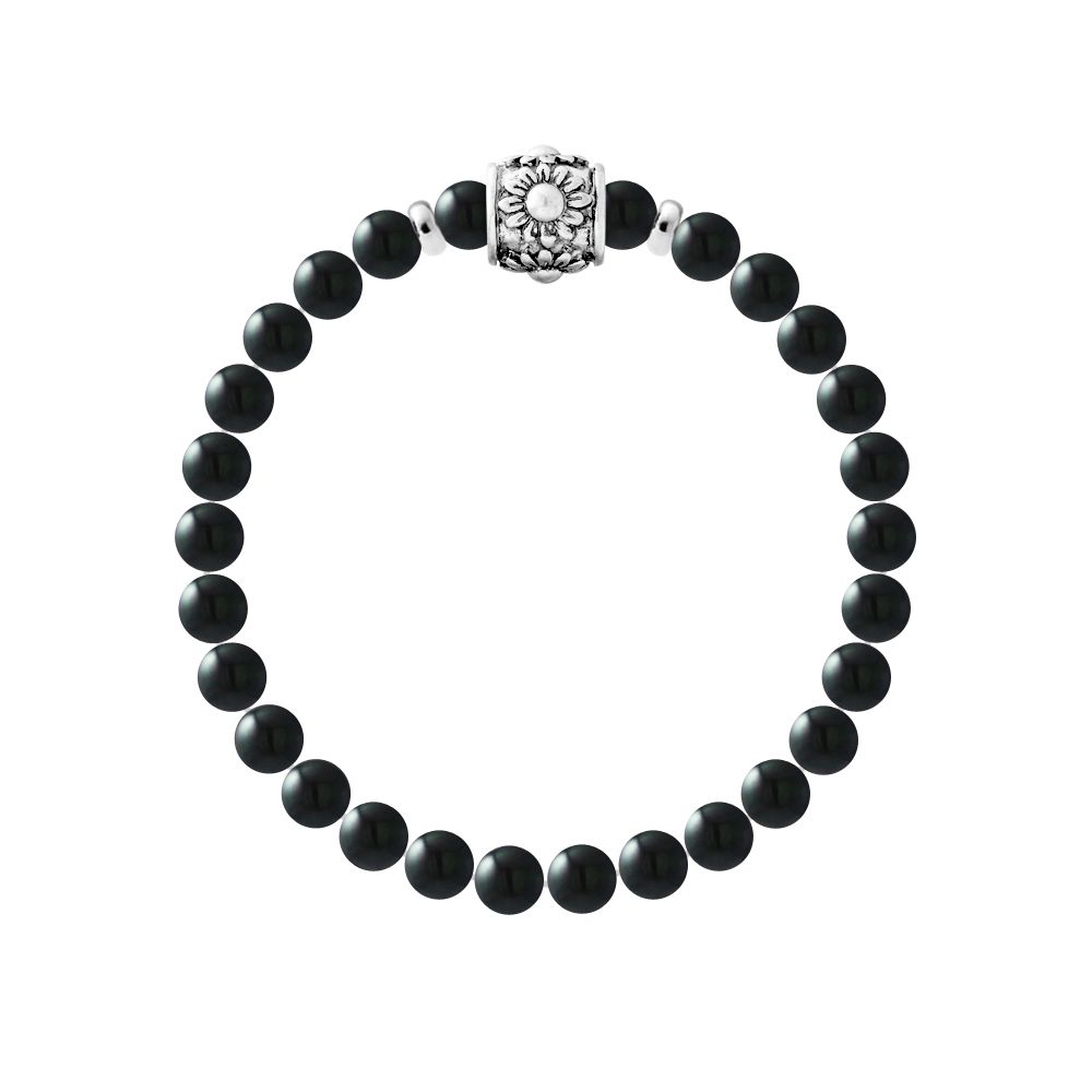 Onyx-Perlenarmband mit floralem Silber-Charm