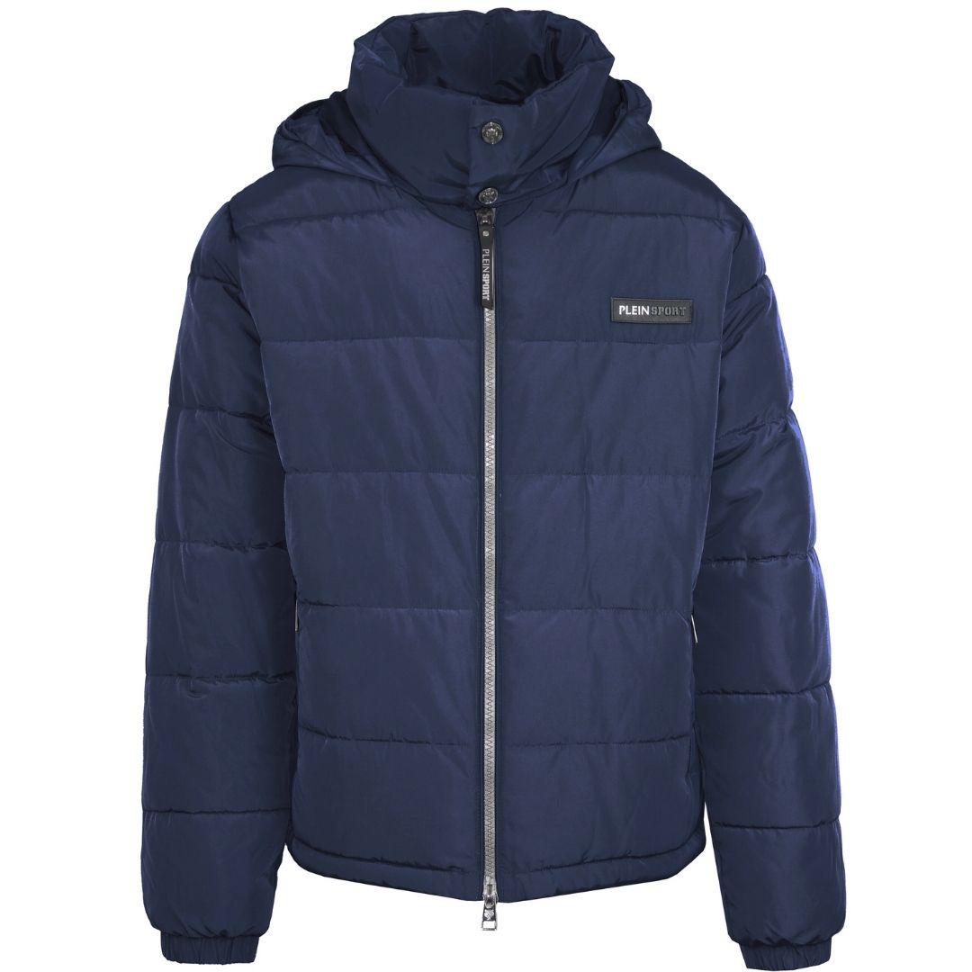 Marineblaue, wattierte Jacke mit Kapuze
