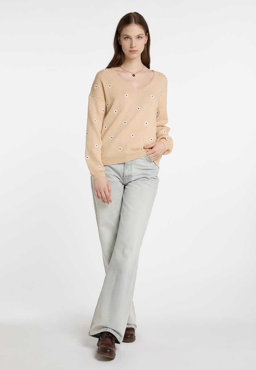 V-Ausschnitt Pullover mit Gänseblümchen-Stickerei