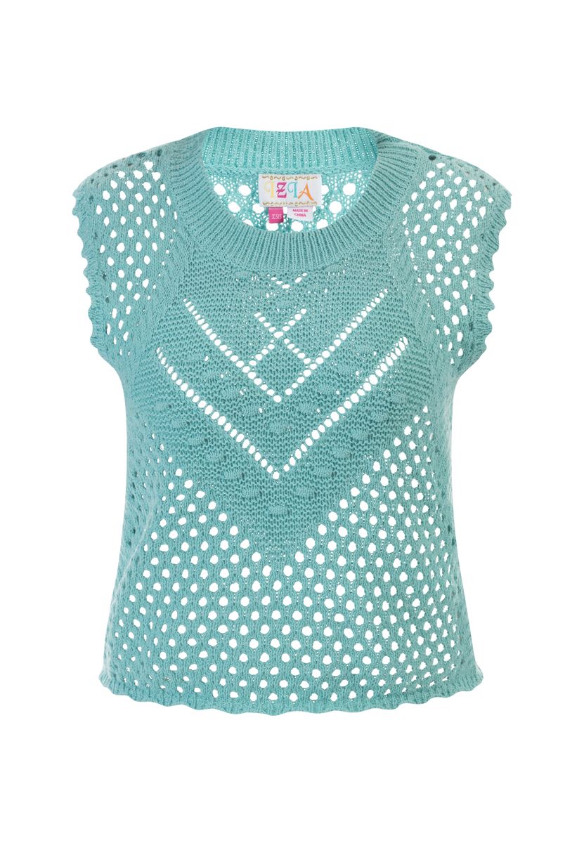 Ärmelloser Lochmuster-Strickpullover mit Muschelsaum