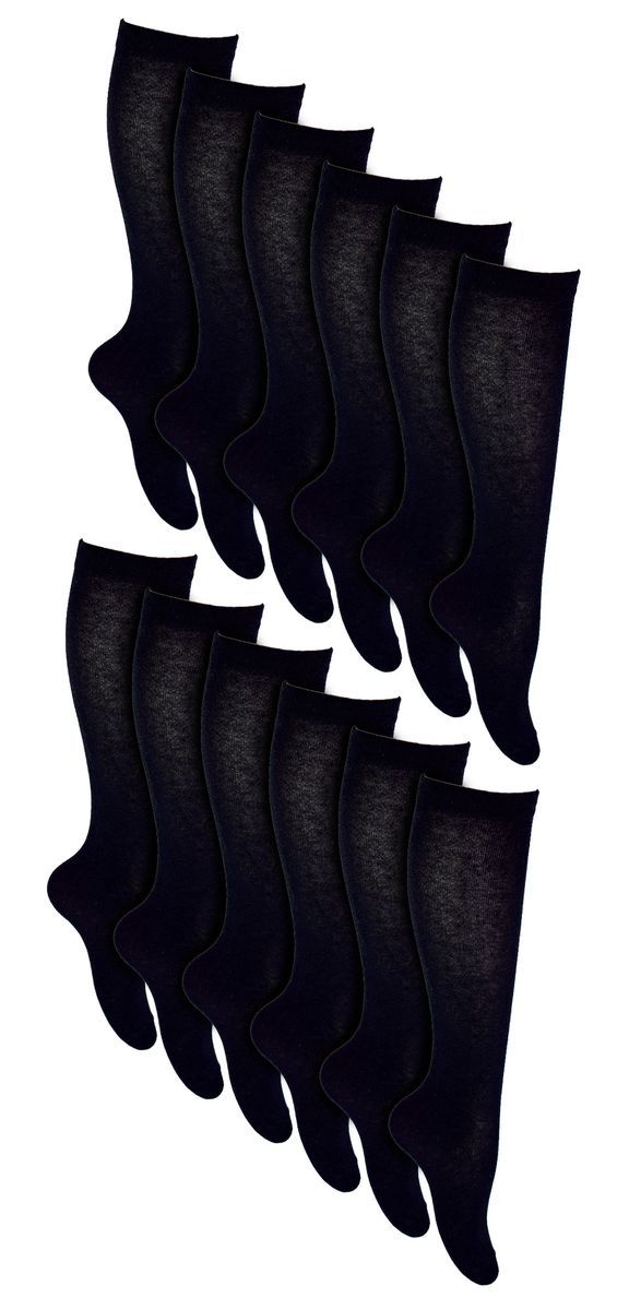 12 Paar Multipack Mädchen Kniestrümpfe | Atmungsaktive lange Baumwolle Schule Socken | Farboption - Grau, Schwarz, Weiß, Blau - Schwarz